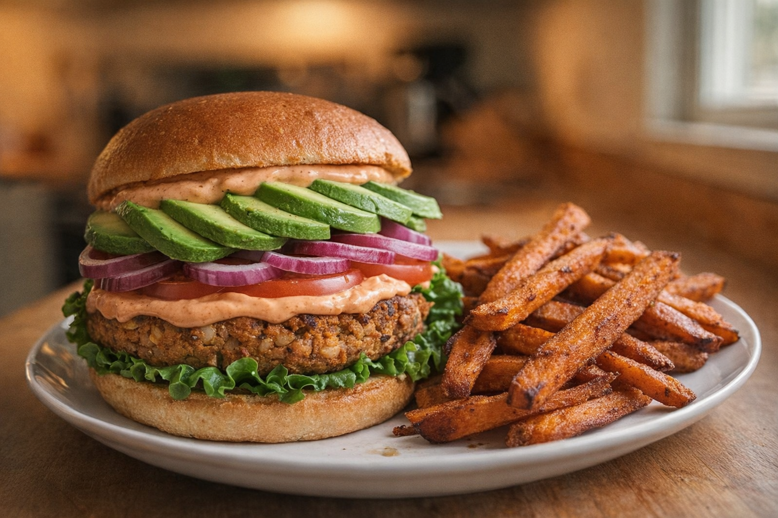 A plated sweet potato and white bean burger on a toasted bun with chipotle mayo, avocado slices, red onion rings, and lettuce, accompanied by a side of sweet potato fries, warm and inviting lighting